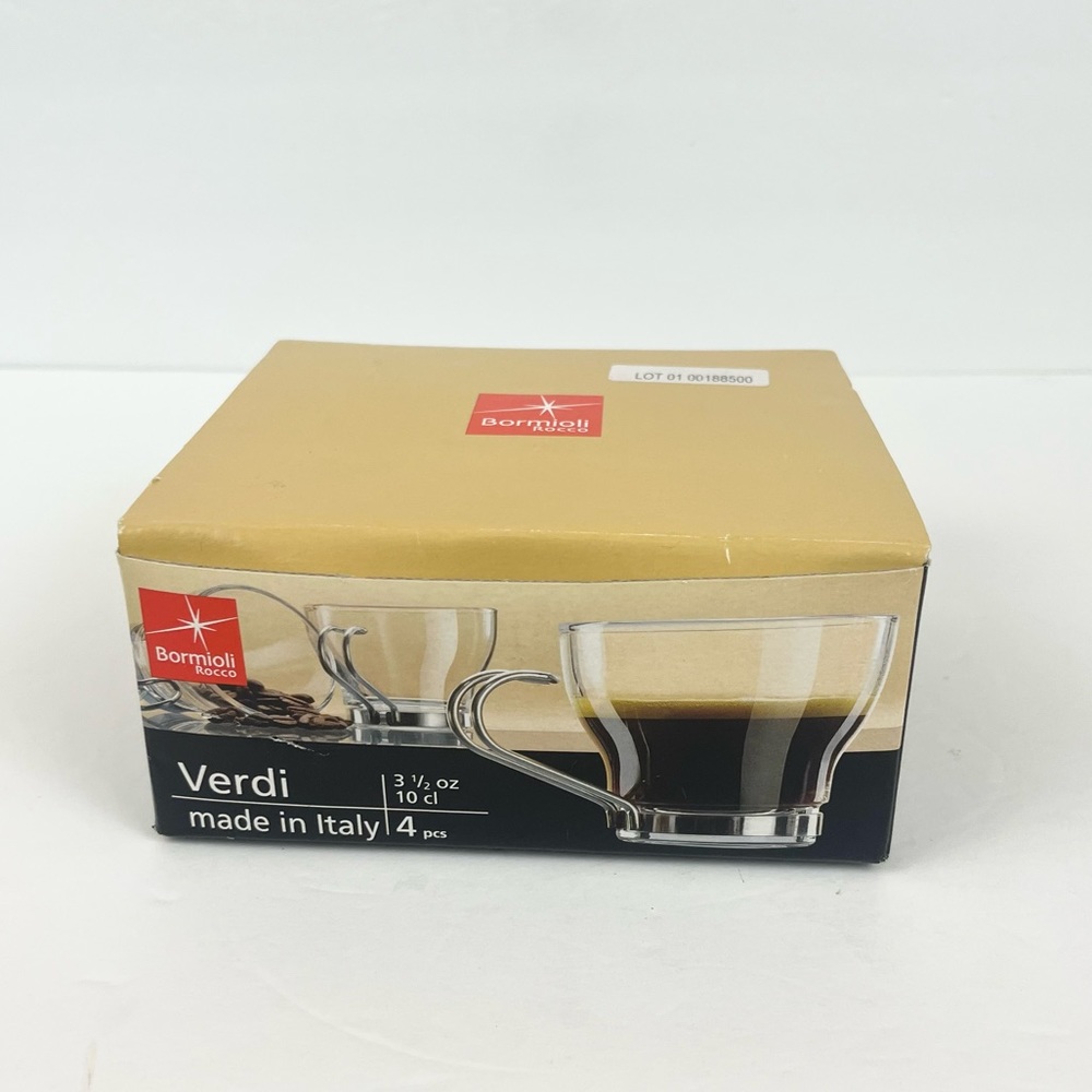 Expreso Cups Set of 4 3.5oz Cups Bormioli Rocco Brand Clear Glass Silver Handles